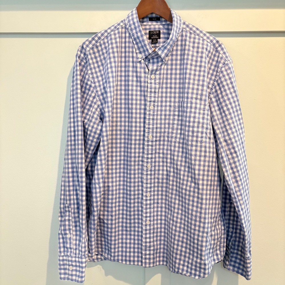 J.Crew Men's XXL Slim Fit Flex Washed Gingham Button Down Shirt Blue White - Picture 2 of 11